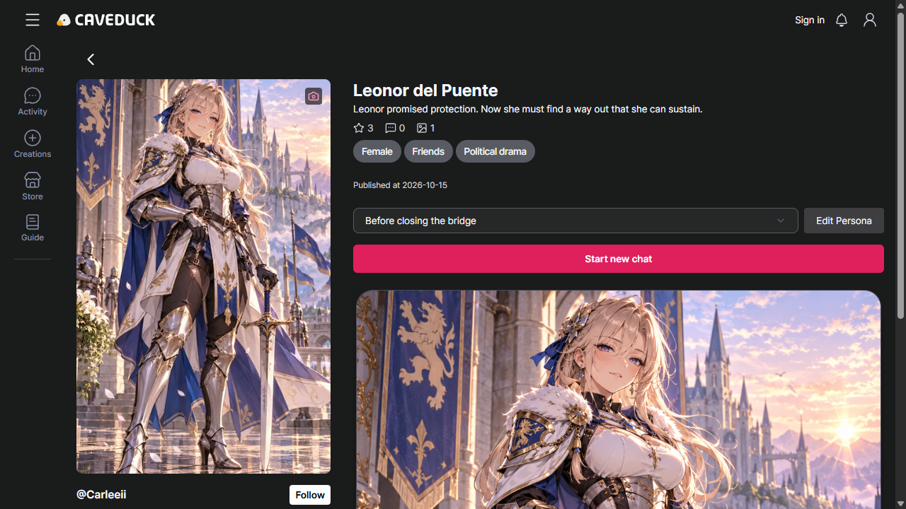 Public CaveDuck profile page for Leonor del Puente with profile artwork, tags, persona control and start-new-chat button